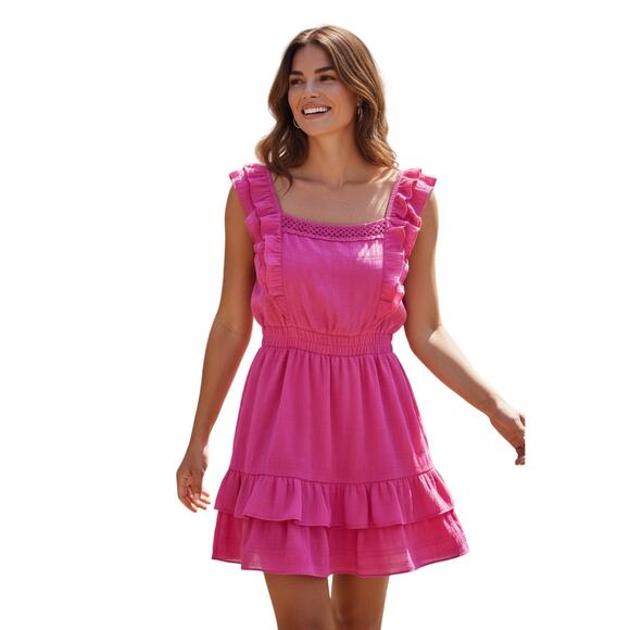 Betsey Johnson Pink Sleeveless Dress Ruffle Smocked Waist Crochet Women’s M EUC - Picture 5 of 5